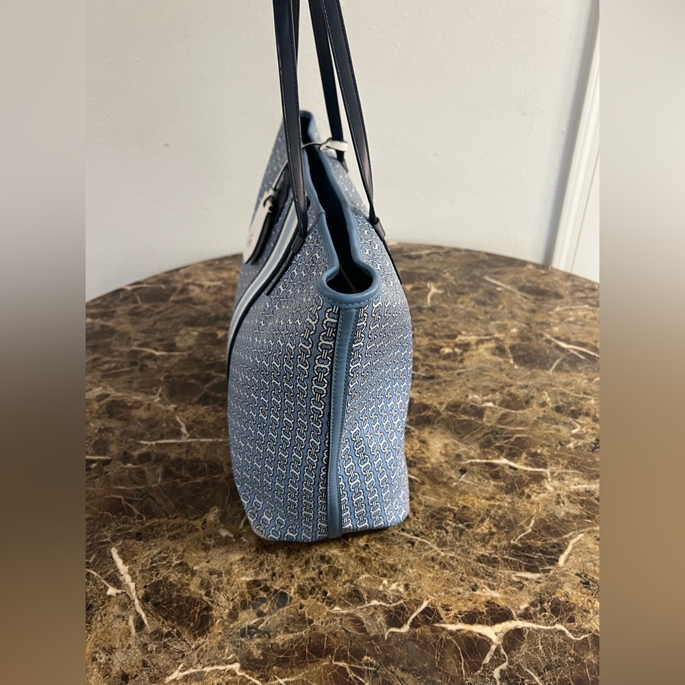 Tory Burch Gemini Link Blue Canvas Stripe Tote Bag - Picture 2 of 11